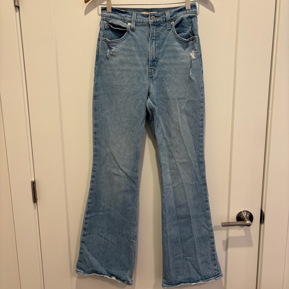 Levi's 70s High Flare Denim Jeans Light Wash Distressed Raw Hem Size‎ 26
